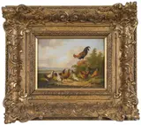 Albertus Verhoesen, Rooster, Turkey, and Chickens Near an Open Field
