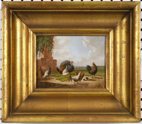 Albertus Verhoesen, Turkey, Rooster, and Chickens Near a Brick Structure, 1872, oil on panel