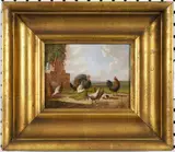 Albertus Verhoesen, Turkey, Rooster, and Chickens Near a Brick Structure