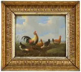 Albertus Verhoesen, Rooster and Chickens in an Open Field