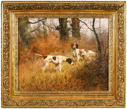 Eugene Joseph Constant Pierre Petit, An English Pointer and Setter in a Woodland, oil on canvas