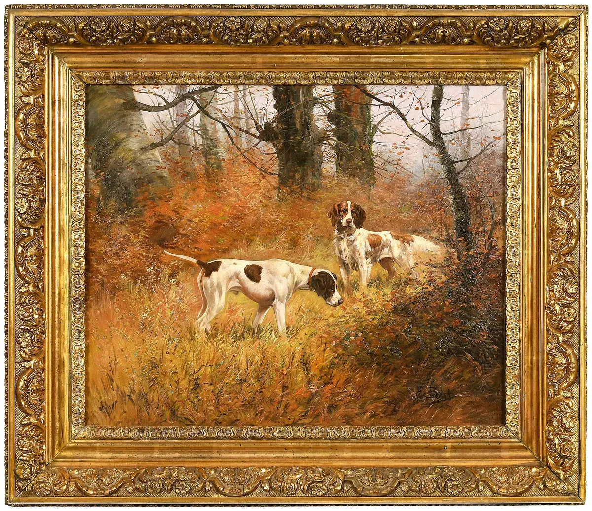 Eugene Joseph Constant Pierre Petit, An English Pointer and Setter in a Woodland, oil on canvas