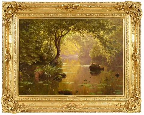 Iris et nenuphars sur une riviere calme by René Charles Edmond His, oil on canvas, sold Jan 2024