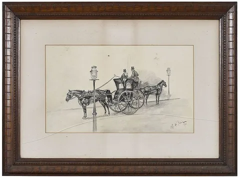 Robert F. Weir, Two Gentlemen in their Cabriolets, ink on paper