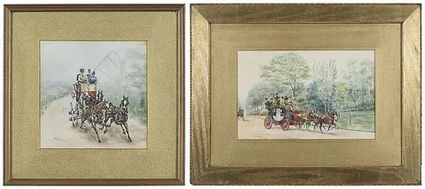 Robert F. Weir, two watercolor illustrations of horses and carriages: A Day in the Park, watercolor on paper
