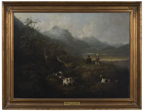 Henry Walter, Hunters with Three Pointers with Grouse in Brush, oil on canvas
