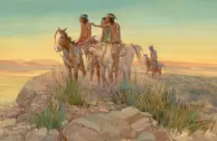 Oscar E. Berninghaus, Four Indians on Horseback, gouache and watercolor on paper