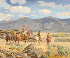 Oscar E. Berninghaus, Indians Returning to Taos After a Trading Expedition (ca. 1948), oil on canvas