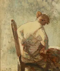 Julius Paulsen, A model removing her corset with her back turned, Oil on canvas