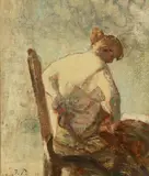 Julius Paulsen, A model removing her corset with her back turned, Oil on canvas