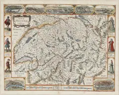 Jan Janssonius, Nova Helvetiæ Tabula, Handcoloured etching mounted in passe partout