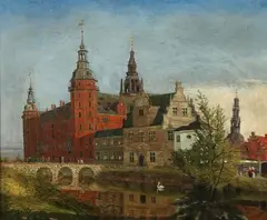 Frederik Zweidorff, Frederiksborg Castle seen from the edge of the moat, Oil on canvas