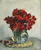 Charlotte Frimodt, Still life with red flowers in a glass vase, Oil on canvas