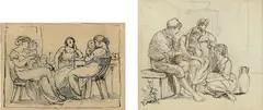 Wilhelm Marstrand, Women and children around a table and A young man playing for three women, Pencil and pen on paper