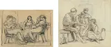 Wilhelm Marstrand, Women and children around a table and A young man playing for three women, Pencil and pen on paper