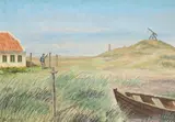 Ancher Kjær, A fisherman's house on Skagen, with the Grey Lighthouse on the horizon, Oil on panel