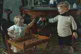 Rasmus Christiansen, Children Playing, Gouache on paper laid on canvas