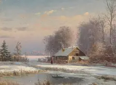 Anders Andersen-Lundby, Winter landscape with an elderly woman on a snowy road, Oil on canvas