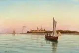 A. Riis Carstensen, Kronborg seen from the water at dusk, Oil on canvas
