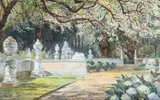 Charlotte Frimodt, Scene from a park with classical vases and sculptures, 1928, Oil on canvas