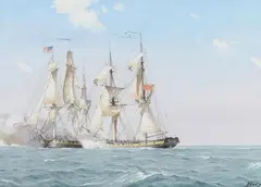 Andrej Tron, Marine with the American frigate USS Constitution and the British frigate HMS Guerriere, Gouache on paper