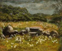 Caroline van Deurs, Dandelions around a stone fence, Oil on canvas