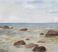 Petra Foss, Coastal landscape with large stones at the water's edge, Oil on canvas