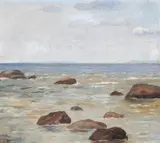Petra Foss, Coastal landscape with large stones at the water's edge, Oil on canvas