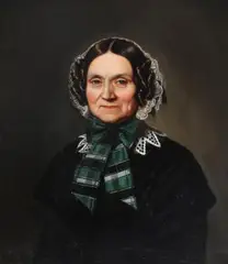 Laura Wittusen, Portrait of an elderly woman wearing a lace cap and a green bow at the neck, Oil on canvas