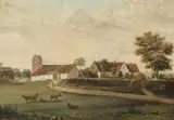 N. G. Rademacher, Village scenery with grazing cattle and a church in the background, Oil on panel