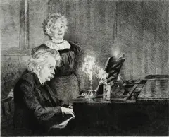 Peder Severin Krøyer, Edvard Grieg accompanying Mrs Nina Grieg's singing, etching