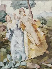 Oda Peters, Mythological motif, presumably Diana and her nymphs surprised by the hunter, Actaeon.Verso a sketch with reclining figures, Oil on canvas
