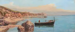 Holger H. Jerichau, Southern coastal scene with a fisherman in a boat, Oil on panel