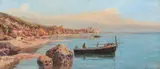 Holger H. Jerichau, Southern coastal scene with a fisherman in a boat, Oil on panel