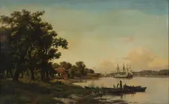 I. E. C. Rasmussen, Ships by the coast near Svendborg, 1994, Oil on canvas