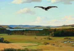 Agnes Slott-Møller, A bird of prey hovers over an autumn landscape, 1934, Oil on canvas