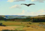 Agnes Slott-Møller, A bird of prey hovers over an autumn landscape, 1934, Oil on canvas