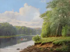 A. Jacobsen, (, Danish painter, 19th-20th century) Forest lake with two woman in a boat, Oil on canvas