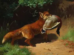 A. Mackeprang, A fox with a duck in its mouth, Oil on cardboard