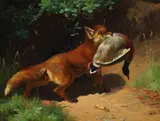 A. Mackeprang, A fox with a duck in its mouth, Oil on cardboard