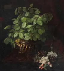 Johan Friderich Bergsøe, Still life with a plant and flowers on a desk, Oil on canvas