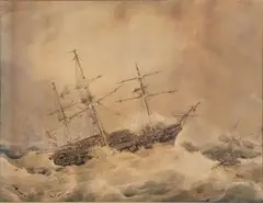 Herman Wendelborg Hansen, An American frigate at high sea, Watercolour on paper