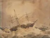 Herman Wendelborg Hansen, An American frigate at high sea, Watercolour on paper