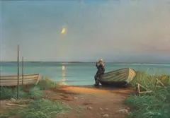 Hans Hilsøe, A man resting by a boat in the moonshine, 2021, Oil on canvas
