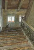 Caroline van Deurs, A cat at the top of a staircase, Oil on canvas
