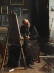 Harald Schiødte, An artist at his easel, Oil on canvas