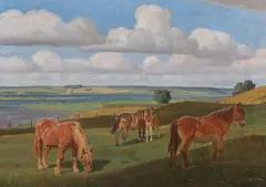 Rasmus Christiansen, Scene from Hjarbæk Fjord with grazing horses, Oil on canvas