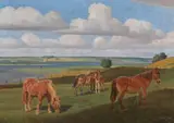 Rasmus Christiansen, Scene from Hjarbæk Fjord with grazing horses, Oil on canvas