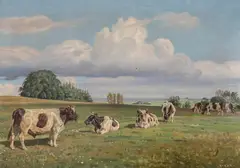 Rasmus Christiansen, Scenery from Hjarbæk Fjord with black and white cattle, Oil on canvas