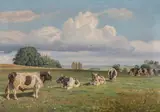 Rasmus Christiansen, Scenery from Hjarbæk Fjord with black and white cattle, Oil on canvas